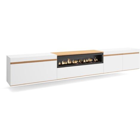Skraut Home – Meuble TV suspendu blanc mat et chêne clair – Grand espace de rangement 102x45x35cm – Cheminée électrique LED 3D – Style moderne (1/5)