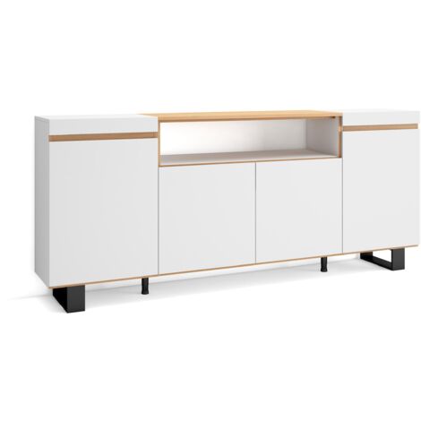 Skraut Home - Buffet salon et cuisine, Meuble de Rangement, Commode, 200x35x87cm, 4 Portes, Design industriel, Style moderne, Blanc et ChĂŞne Soft (1/5)