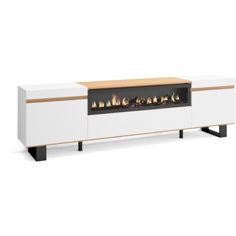 Skraut Home – Meuble TV avec rangement – Dimensions 200x35x57cm – Pour TV jusqu'à 80" – Cheminée électrique – Design industriel blanc et chêne (1/5)