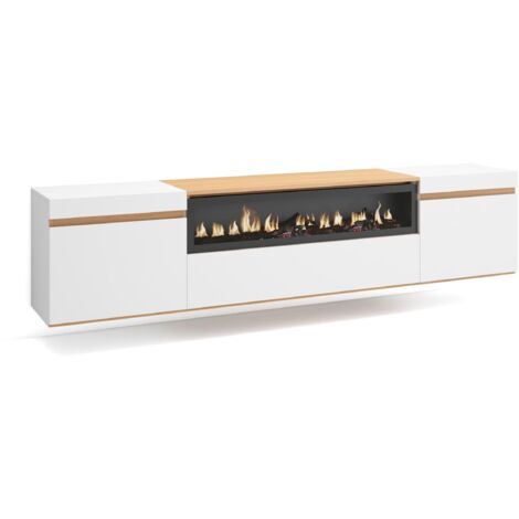 Skraut Home - Meuble TV, Banc Télé, Grand espace de Rangement, 200x35x45cm, Pour les TV jusqu'à 80", Cheminée électrique, Suspendu, Mural, Style moderne, Blanc et Chêne Soft