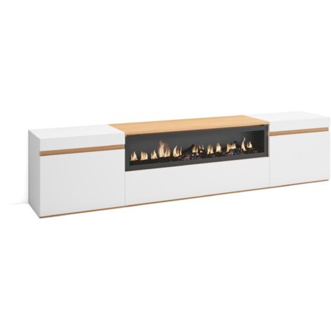 Skraut Home - Meuble TV, Banc Télé, Grand espace de Rangement, 200x35x45cm, Pour les TV jusqu'à 80", Cheminée électrique, Style moderne, Blanc et Chêne Soft