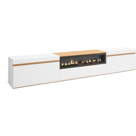 Skraut Home – Meuble TV avec cheminée électrique – Grand espace de rangement 102x45x35cm – Blanc mat et chêne clair – Effet de feu 3D (1/5)