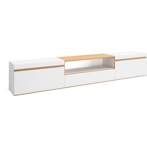 Skraut Home - Meuble TV, Banc Télé, Grand espace de Rangement, 260x35x45cm, TV grand format, Meubles de salon, Style moderne, Blanc et Chêne Soft (1/5)