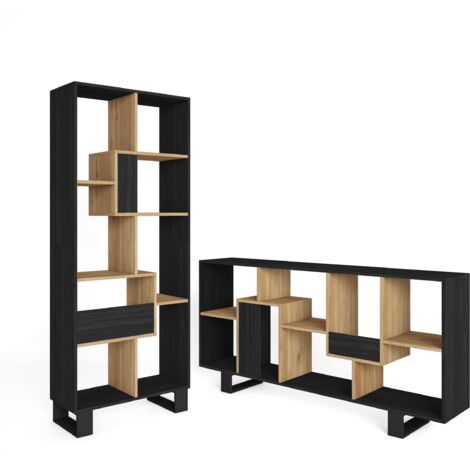 Skraut Home - Étagère Bibliothèque, Étagère de Rangement, 67x31x174cm, Design industriel, Style moderne, Noir et Chêne (1/5)