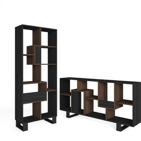 Skraut Home - Étagère Bibliothèque, Étagère de Rangement, 67x31x174cm, Design industriel, Style moderne, Noir et Chêne foncé (1/5)