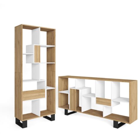 Skraut Home - Étagère Bibliothèque, Étagère de Rangement, 67x31x174cm, Design industriel, Style moderne, Chêne et blanc (1/5)
