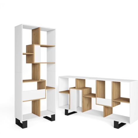 Skraut Home - Étagère Bibliothèque, Étagère de Rangement, 67x31x174cm, Design industriel, Style moderne, Blanc et Chêne (1/5)