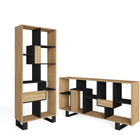 Skraut Home – Étagère bibliothèque 67x31x174cm – Structure chêne et métal noir – Design industriel moderne – Multi-positions pour toutes les pièces (1/5)