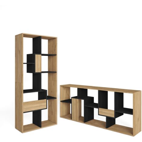 Skraut Home – Étagère bibliothèque multi-positions 162x67x31cm – Structure chêne et noir – Pour salon ou bureau – Design moderne (1/5)