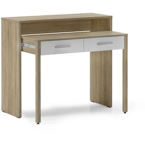 Skraut Home - Bureau informatique console Extensible, table d'appoint de studio pour ordinateur, 2 tiroirs, blanc et chêne clair brossé,  Dimensions : 98,6x86,9x36- 70 cm de profondeur