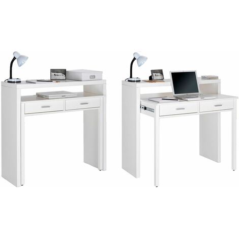 Bureau extensible, table pour ordinateur, 2 tiroirs, blanc. - BLANC