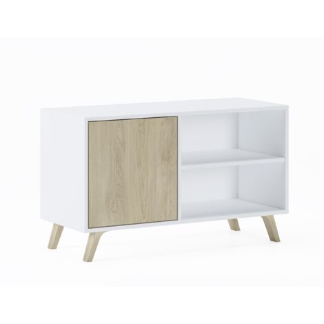 Skraut Home - Meuble TV 100 avec porte à gauche, salon, modèle WIND, couleur de structure blanche, couleur de porte Chêne, mesure 95x40x57cm de hauteur. (1/5)