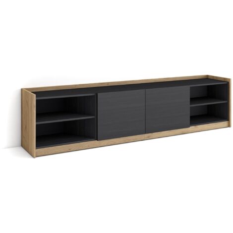 Skraut Home - Meuble TV, Banc Télé, Grand espace de Rangement, 207x37x50cm, Pour les TV jusqu'à 80", Meubles de salon, Style moderne, Noir et chêne (1/5)