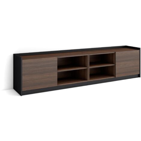 Skraut Home - Meuble TV, Banc Télé, Grand espace de Rangement, 207x37x50cm, Pour les TV jusqu'à 80", Meubles de salon, Style moderne, Chêne foncé et Noir (1/5)