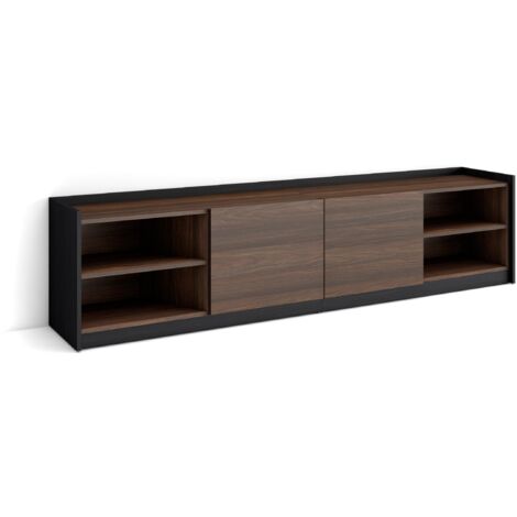 Skraut Home - Meuble TV, Banc Télé, Grand espace de Rangement, 207x37x50cm, Pour les TV jusqu'à 80", Meubles de salon, Style moderne, Chêne foncé et Noir (1/5)