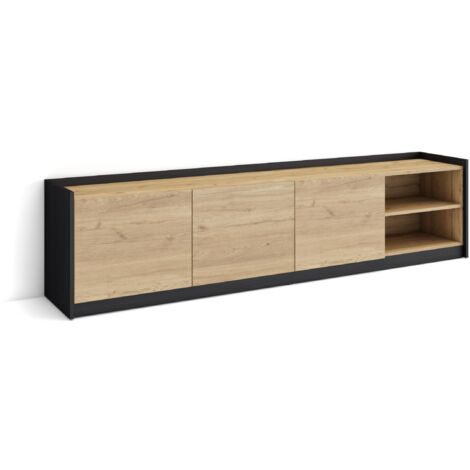 Skraut Home - Meuble TV, Banc Télé, Grand espace de Rangement, 207x37x50cm, Pour les TV jusqu'à 80", Meubles de salon, Style moderne, Chêne et noir (1/5)