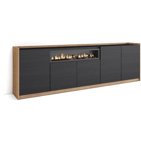 Skraut Home - Buffet salon et cuisine, Commode, 260x37x80cm, 5 Portes, Cheminée électrique, Noir et chêne (1/5)