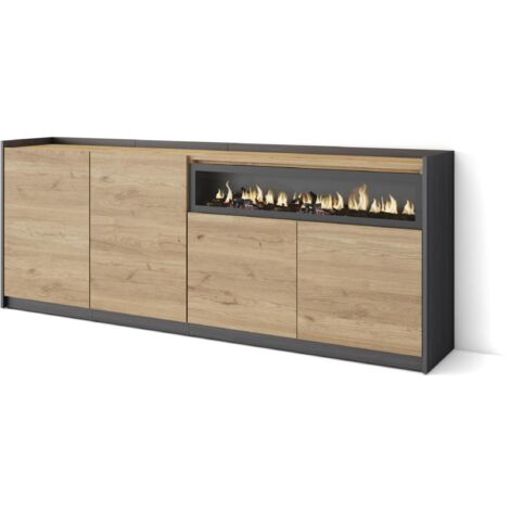 Skraut Home - Buffet salon et cuisine, Commode, 207x37x80cm, 4 Portes, Cheminée électrique, Chêne et noir (1/5)