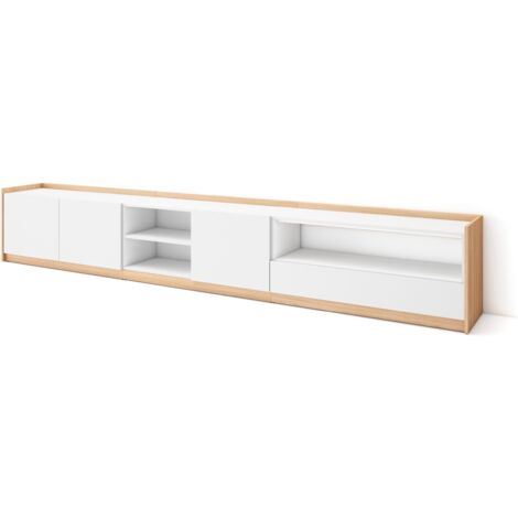 Skraut Home - Meuble TV, Banc Télé, 310x37x50cm, Pour les TV jusqu'à 80", Blanc et Chêne Soft (1/5)