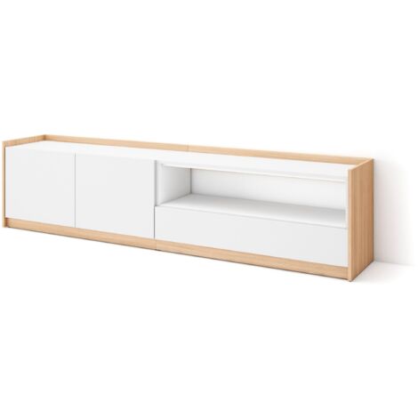 Skraut Home - Meuble TV, Banc Télé, 207x37x50cm, Pour les TV jusqu'à 80", Blanc et Chêne Soft (1/5)