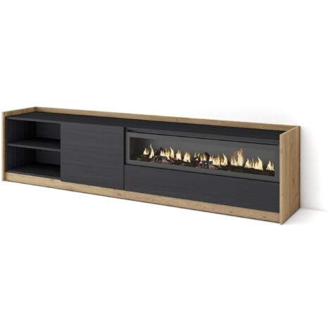 Skraut Home - Meuble TV, Banc Télé, 207x37x50cm, Pour les TV jusqu'à 80", Cheminée électrique, Noir et chêne (1/5)