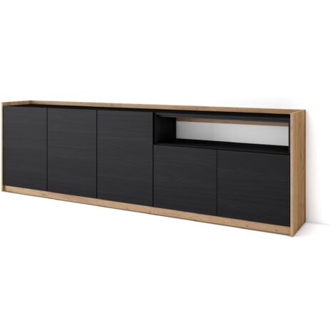Skraut Home - Buffet salon et cuisine, Commode, 260x37x80cm, 5 Portes, Meuble chaussure, Noir et chêne (1/5)