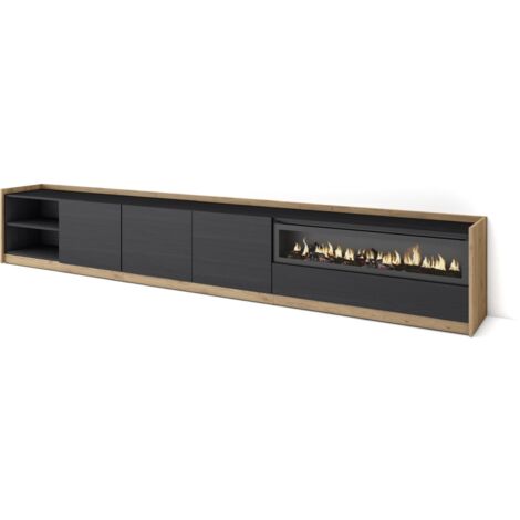 Skraut Home - Meuble TV, Banc Télé, 310x37x50cm, Pour les TV jusqu'à 80", Cheminée électrique, Noir et chêne (1/5)