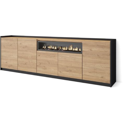 Skraut Home - Buffet salon et cuisine, Commode, 260x37x80cm, 5 Portes, Cheminée électrique, Chêne et noir (1/5)