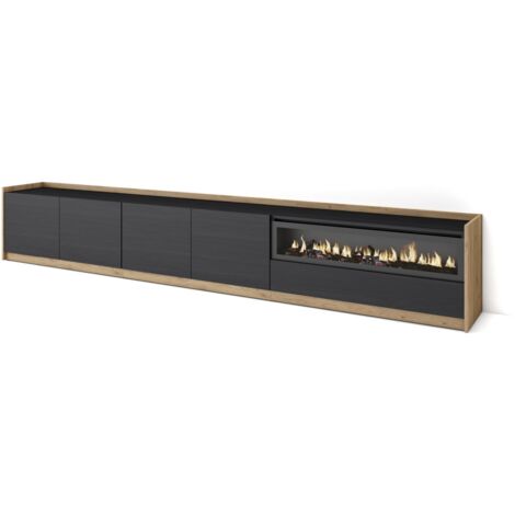Skraut Home - Meuble TV, Banc Télé, 310x37x50cm, Pour les TV jusqu'à 80", Cheminée électrique, Noir et chêne (1/5)