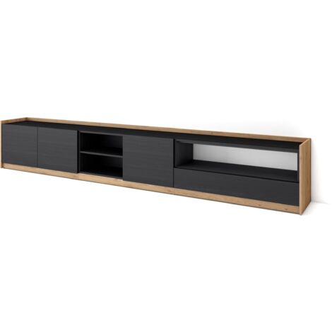 Skraut Home - Meuble TV, Banc Télé, 310x37x50cm, Pour les TV jusqu'à 80", Noir et chêne (1/5)