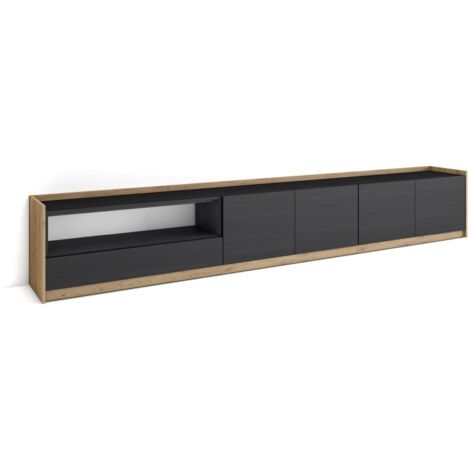Skraut Home - Meuble TV, Banc Télé, 310x37x50cm, Pour les TV jusqu'à 80", Noir et chêne (1/5)