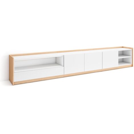 Skraut Home - Meuble TV, Banc Télé, 310x37x50cm, Pour les TV jusqu'à 80", Blanc et Chêne Soft (1/5)