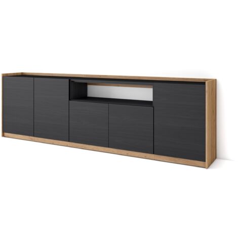 Skraut Home - Buffet salon et cuisine, Commode, 260x37x80cm, 5 Portes, Meuble chaussure, Noir et chêne (1/5)