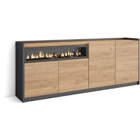 Skraut Home - Buffet salon et cuisine, Commode, 207x37x80cm, 4 Portes, Cheminée électrique, Chêne et noir (1/5)