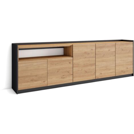 Skraut Home - Buffet salon et cuisine, Commode, 260x37x80cm, 5 Portes, Meuble chaussure, Chêne et noir (1/5)