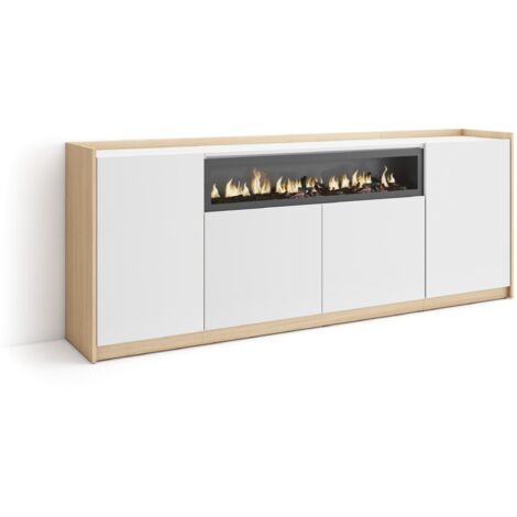 Skraut Home - Buffet salon et cuisine, Commode, 207x37x80cm, 4 Portes, Cheminée électrique, Blanc et Chêne Soft