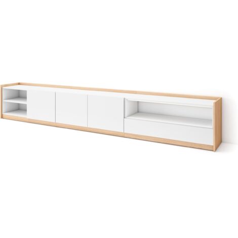 Skraut Home - Meuble TV, Banc Télé, 310x37x50cm, Pour les TV jusqu'à 80", Blanc et Chêne Soft (1/5)