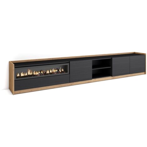 Skraut Home - Meuble TV, Banc Télé, 310x37x50cm, Pour les TV jusqu'à 80", Cheminée électrique, Noir et chêne (1/5)