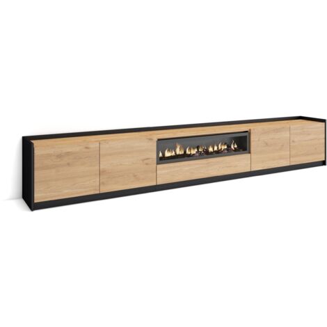 Skraut Home - Meuble TV, Banc Télé, 310x37x50cm, Pour les TV jusqu'à 80", Cheminée électrique, Chêne et noir (1/5)