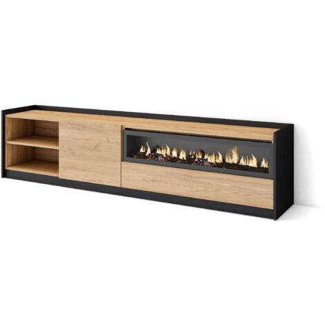 Skraut Home - Meuble TV, Banc Télé, 207x37x50cm, Pour les TV jusqu'à 80", Cheminée électrique, Chêne et noir (1/5)