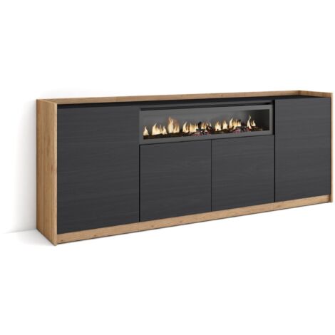 Skraut Home - Buffet salon et cuisine, Commode, 207x37x80cm, 4 Portes, Cheminée électrique, Noir et chêne (1/5)