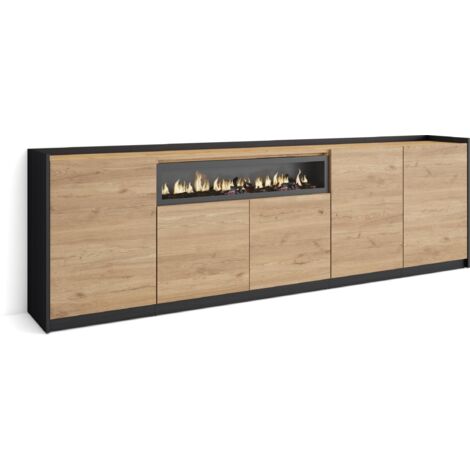 Skraut Home - Buffet salon et cuisine, Commode, 260x37x80cm, 5 Portes, Cheminée électrique, Chêne et noir (1/5)