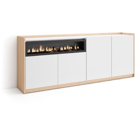 Skraut Home - Buffet salon et cuisine, Commode, 207x37x80cm, 4 Portes, Cheminée électrique, Blanc et Chêne Soft (1/5)