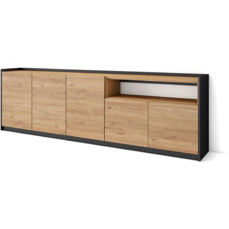 Skraut Home - Buffet salon et cuisine, Commode, 260x37x80cm, 5 Portes, Meuble chaussure, Chêne et noir (1/5)