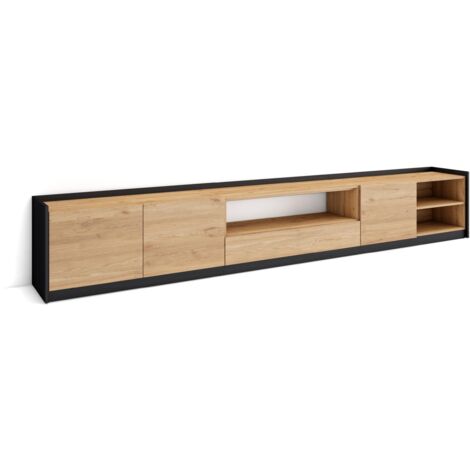 Skraut Home - Meuble TV, Banc Télé, 310x37x50cm, Pour les TV jusqu'à 80", Chêne et noir (1/5)