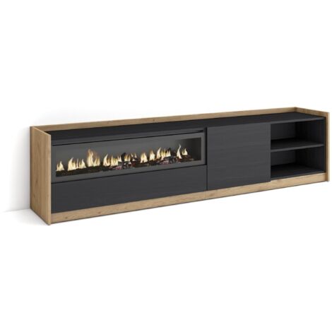 Skraut Home - Meuble TV, Banc Télé, 207x37x50cm, Pour les TV jusqu'à 80", Cheminée électrique, Noir et chêne (1/5)
