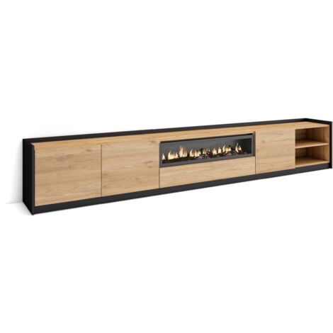 Skraut Home - Meuble TV, Banc Télé, 310x37x50cm, Pour les TV jusqu'à 80", Cheminée électrique, Chêne et noir (1/5)