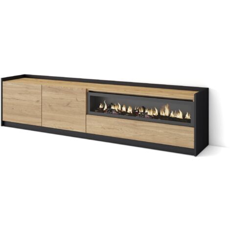 Skraut Home - Meuble TV, Banc Télé, 207x37x50cm, Pour les TV jusqu'à 80", Cheminée électrique, Chêne et noir (1/5)