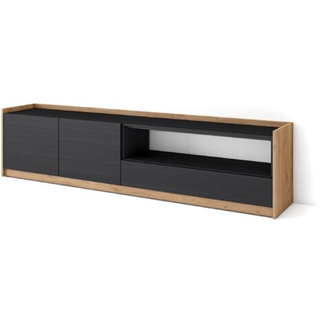 Skraut Home - Meuble TV, Banc Télé, 207x37x50cm, Pour les TV jusqu'à 80", Noir et chêne (1/5)