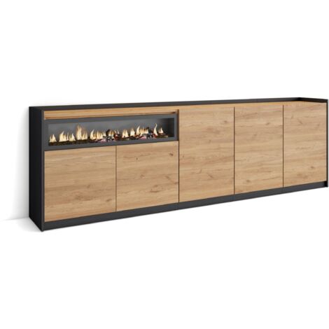 Skraut Home - Buffet salon et cuisine, Commode, 260x37x80cm, 5 Portes, Cheminée électrique, Chêne et noir (1/5)